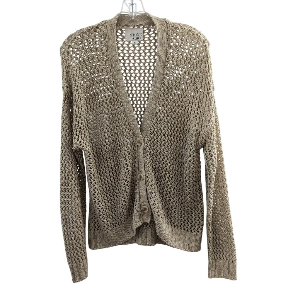 Stone & Sky Open Knit Cardigan Women's Sz L Tan/Gold Button up Long Sleeve